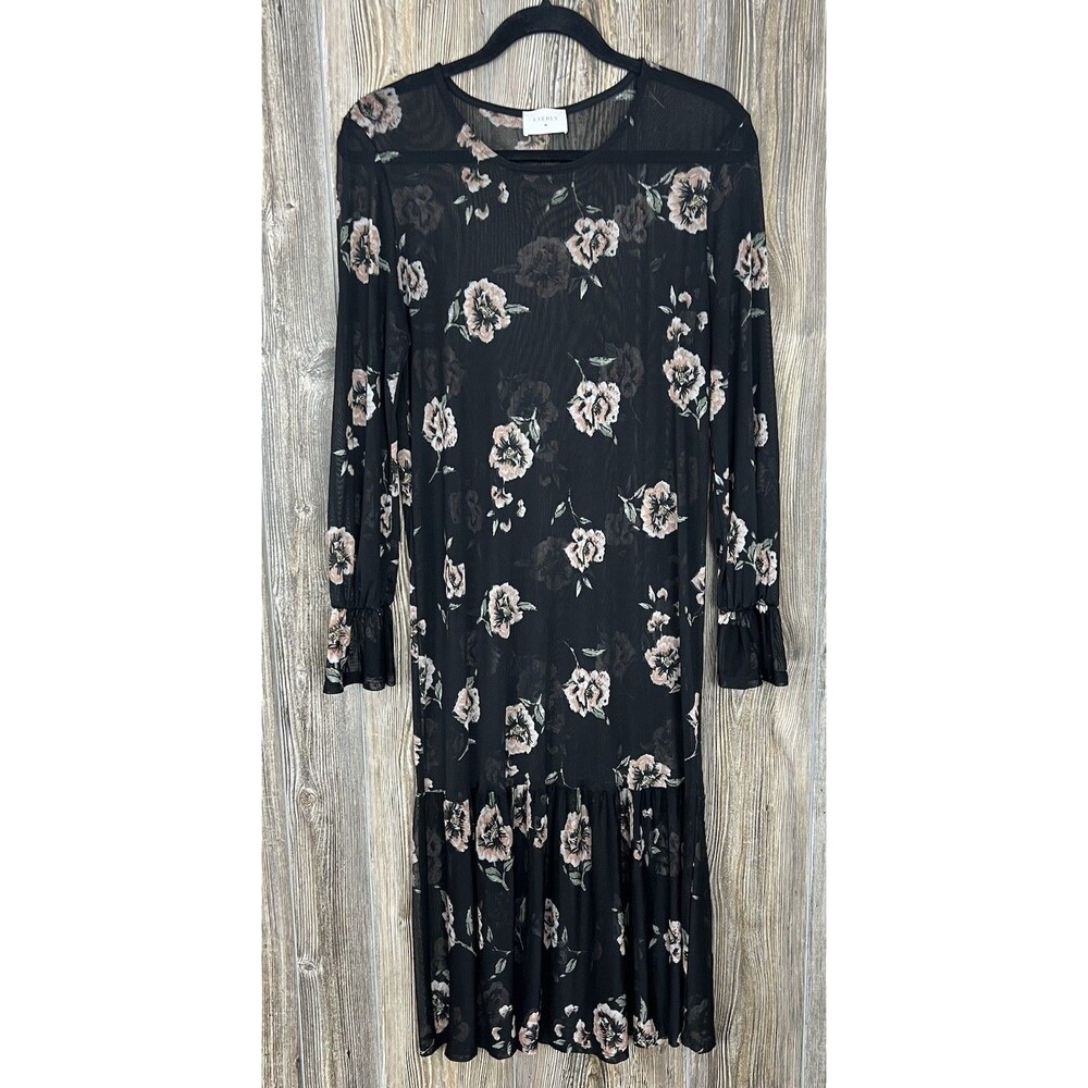 Everly Dress Sheer Black With Floral Rose Print Bell Sleeve Size Large Coquet‎